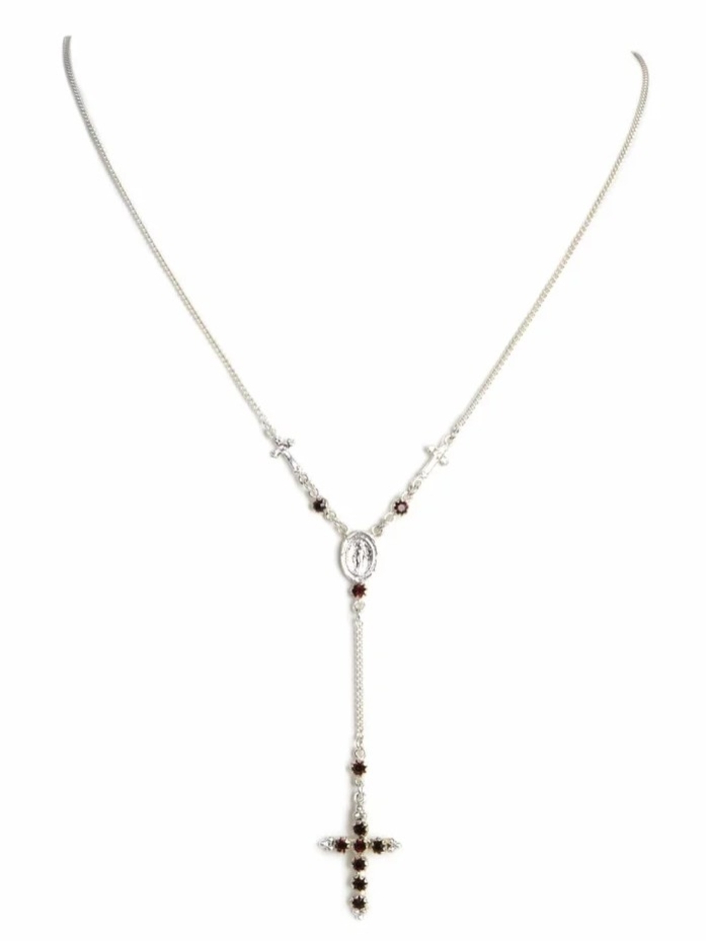 Silver Rosary-Style Cross Necklace with Garnet Accents VIRGINS SAINTS & ANGELS